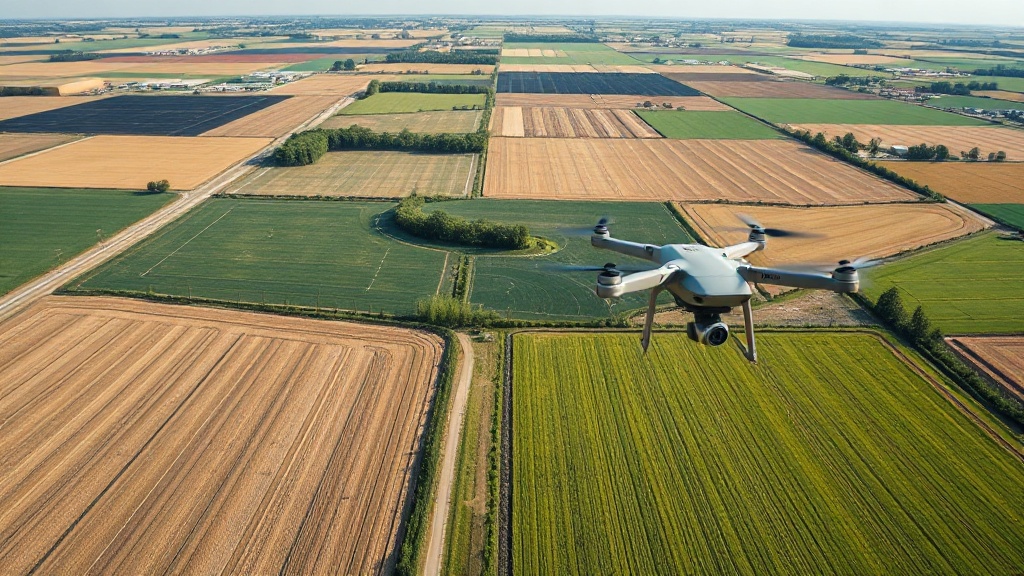 Commercial drone surveying farmland from above
