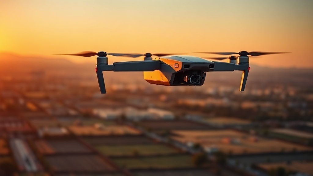 Commercial drone flying over a landscape at golden hour